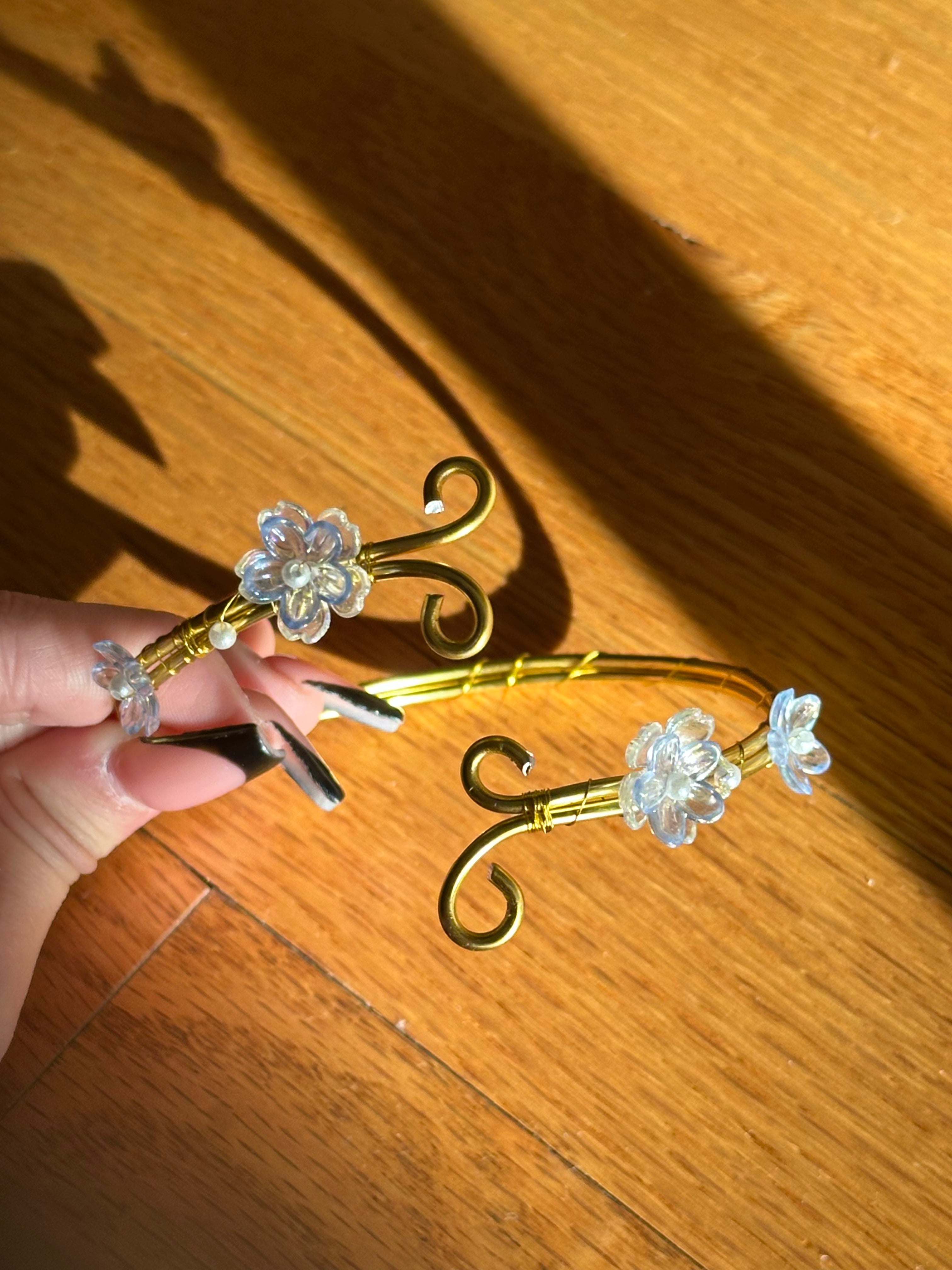 Gold Blue and Clear Dainty Flower Arm Cuff