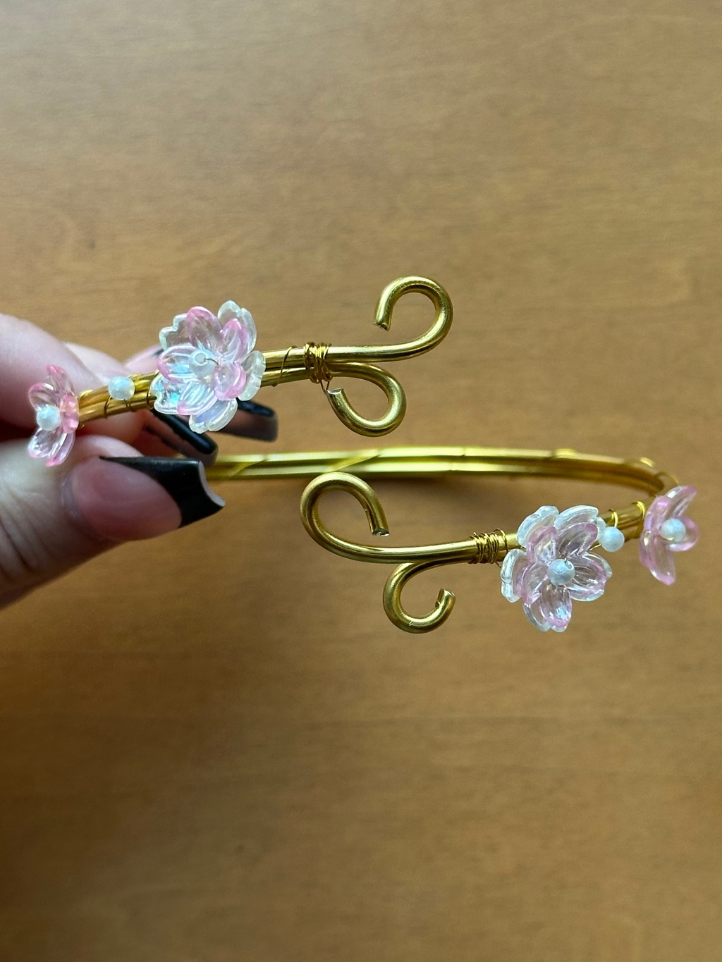 Gold Pink and Clear Dainty Flower Arm Cuff