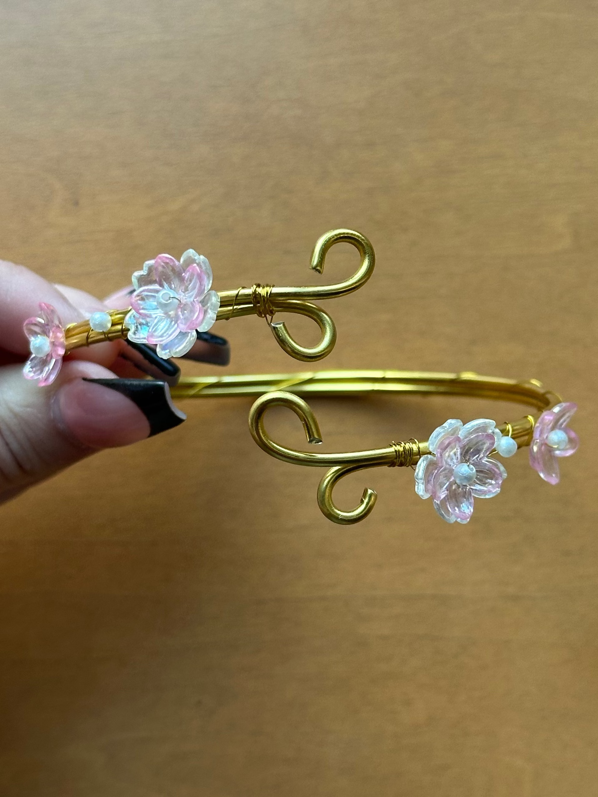 Gold Pink and Clear Dainty Flower Arm Cuff