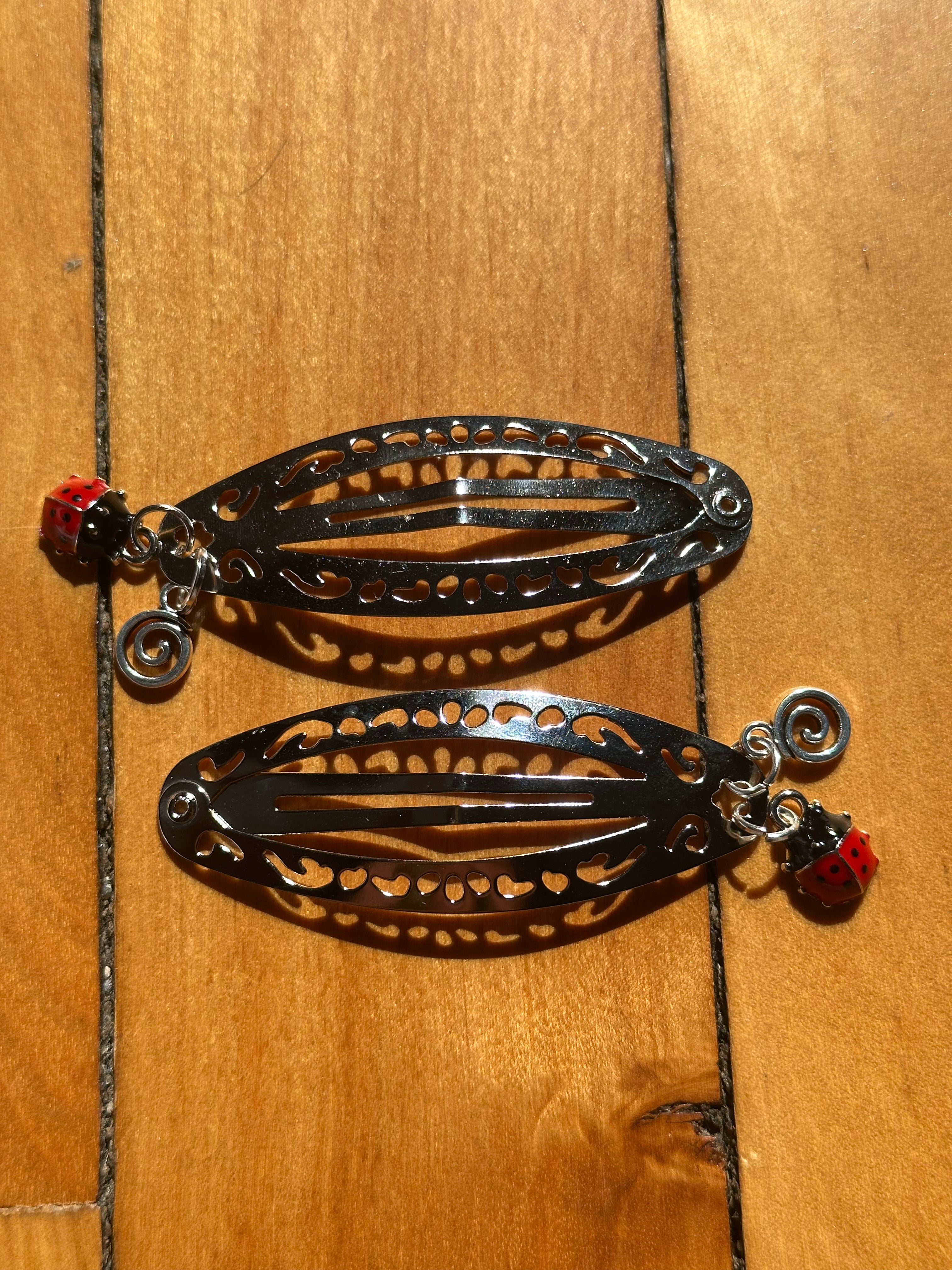 Silver Ladybug Swirl Charm Hair Clips