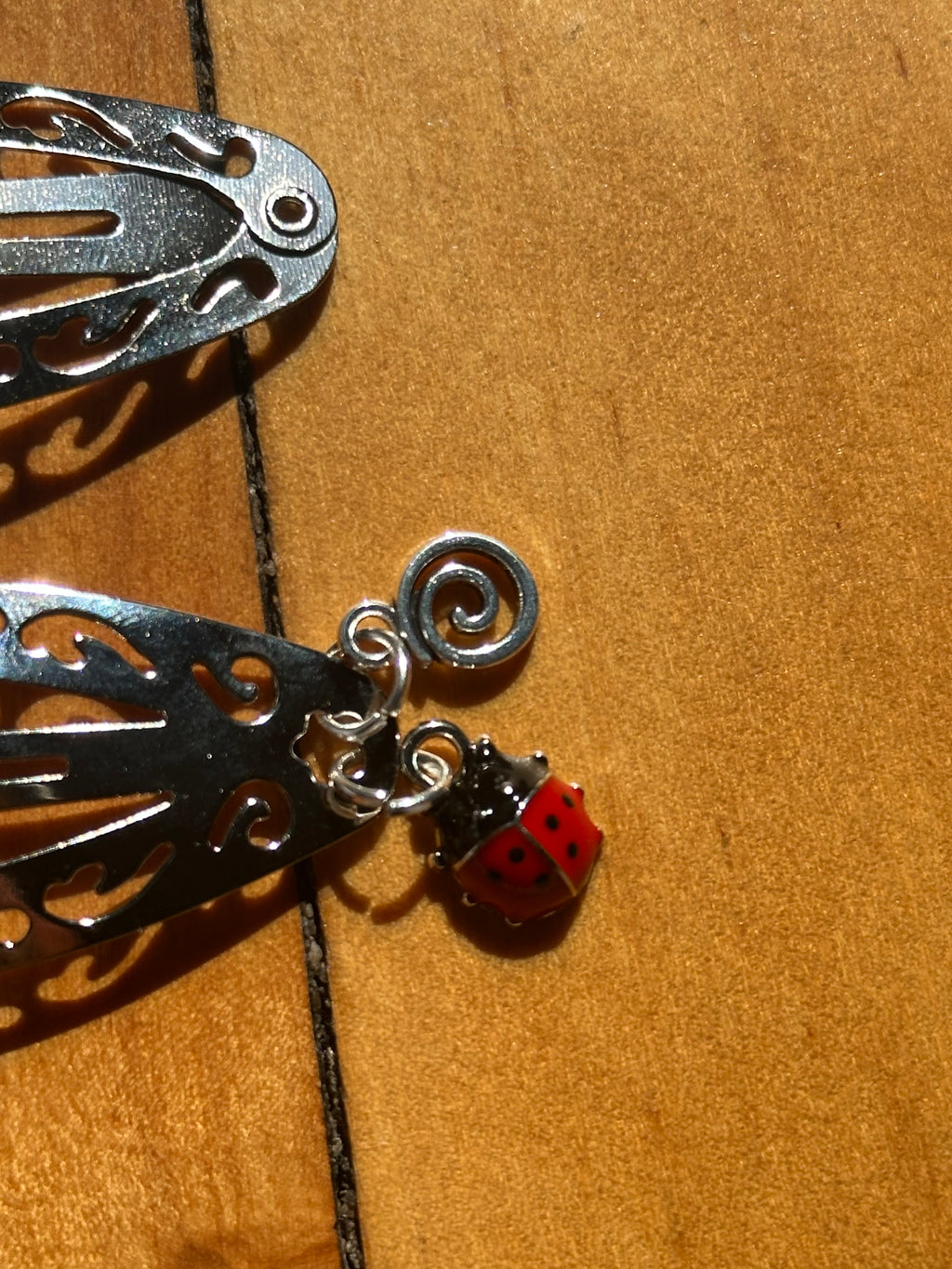 Silver Ladybug Swirl Charm Hair Clips