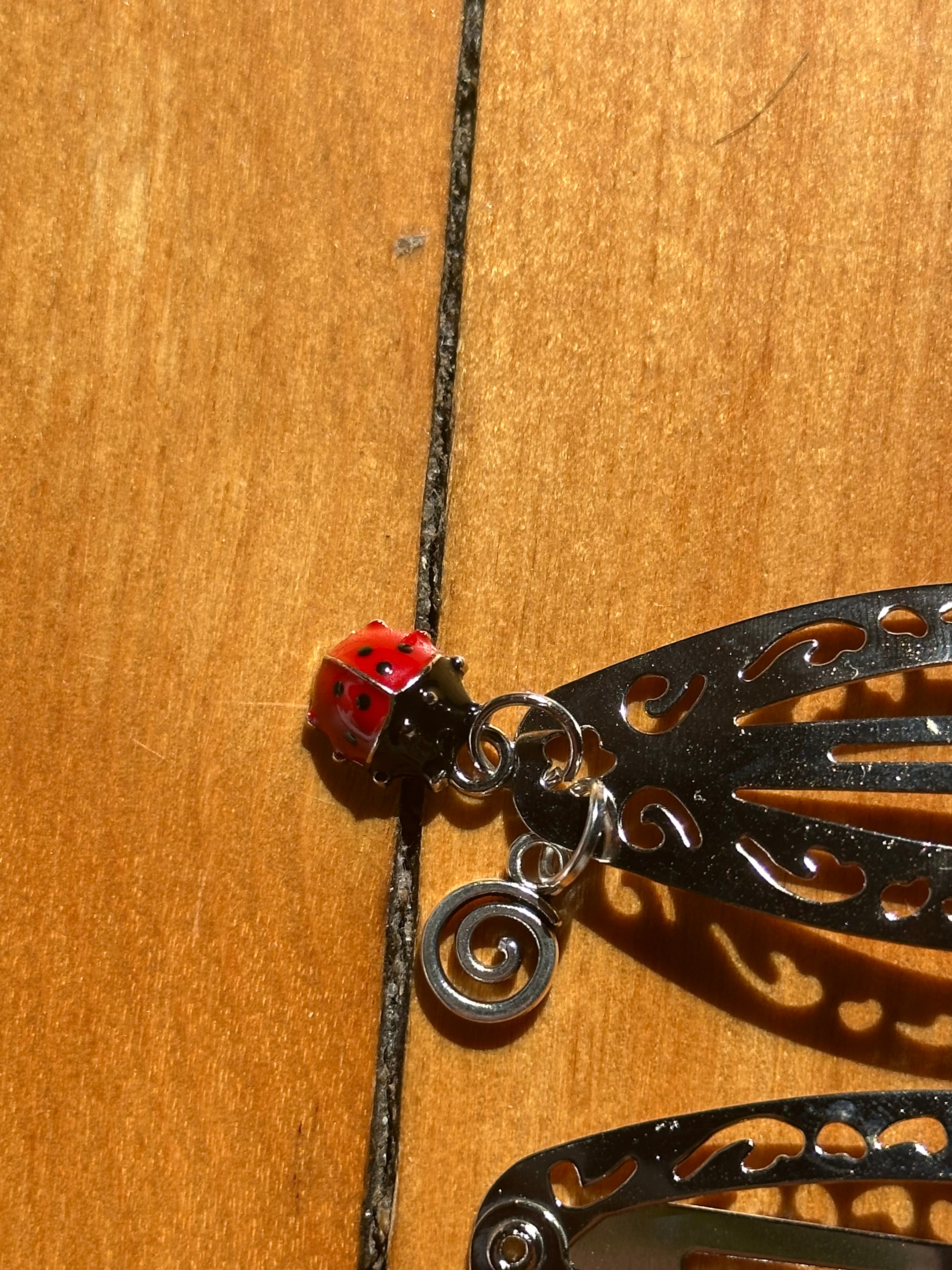Silver Ladybug Swirl Charm Hair Clips