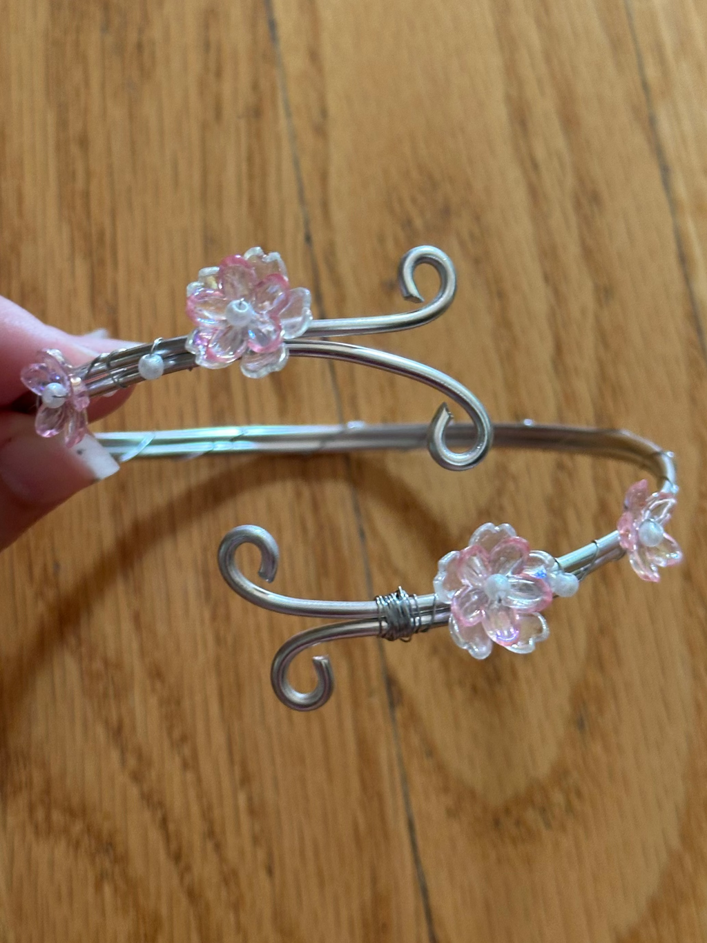 Silver Pink and Clear Dainty Flower Arm Cuff
